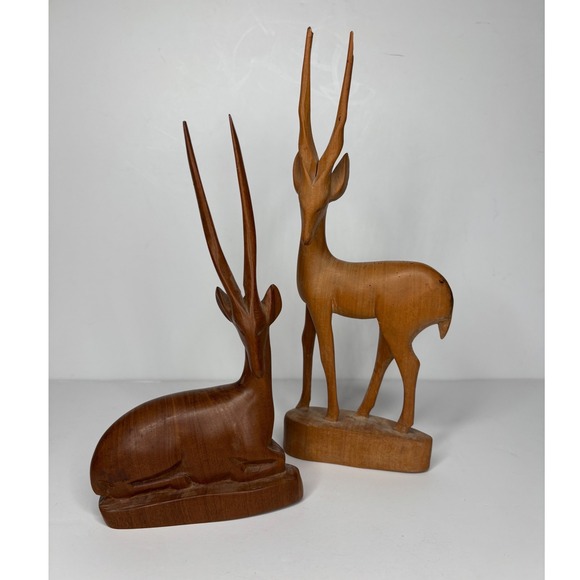Unbranded Other - Gazelle Figurines Set of 2 Brown Wood Hand Carved Vintage Pair AS IS